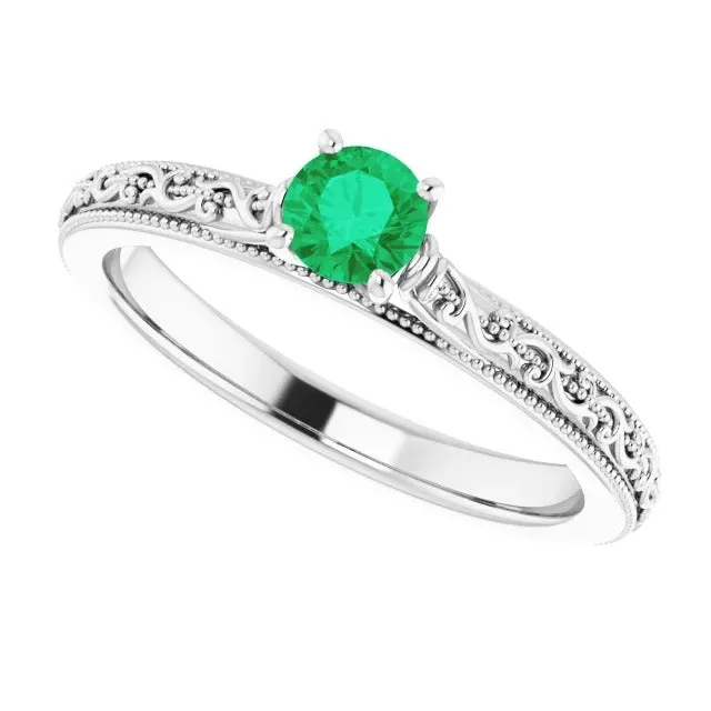 Solitaire Ring 075 Carats Columbian Green Emerald Milgrain Filigree GB Rings Solitaire Ring 075 Carats Columbian Green Emerald Milgrain Filigree GB Rings