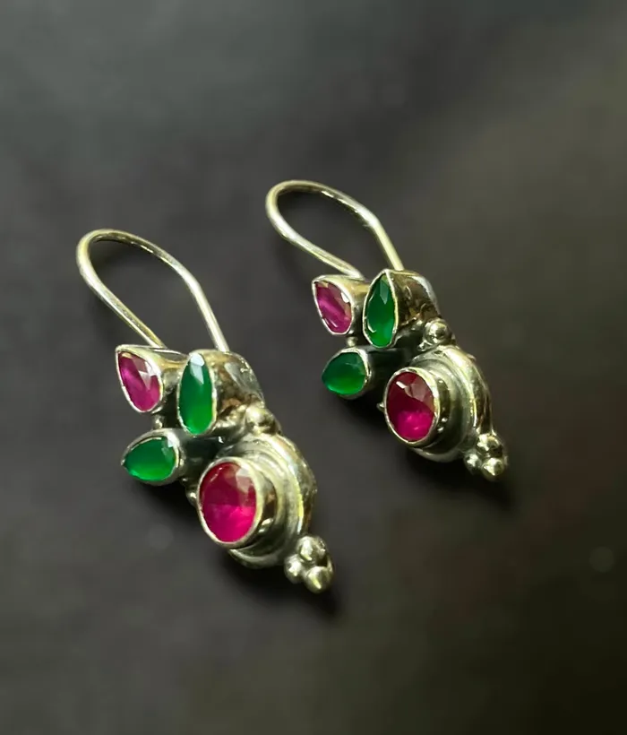The Menaka Silver Gemstone Earrings RedGreen Gemstone Earrings