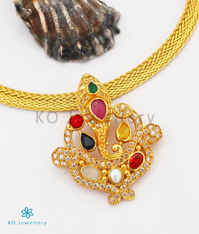 The Vakratunda Silver Navarathna Ganesha Necklace Silversmith Necklaces