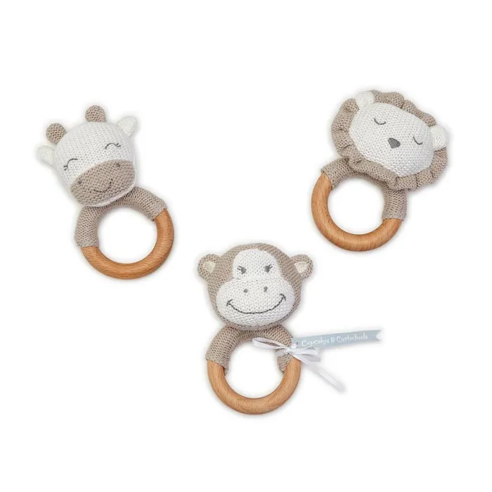 Twos Company Knitted Rattle with Natural Wood Grip Ring Asst 3 Designs Monkey Giraffe Lion Rings Twos Company Knitted Rattle with Natural Wood Grip Ring Asst 3 Designs Monkey Giraffe Lion Rings