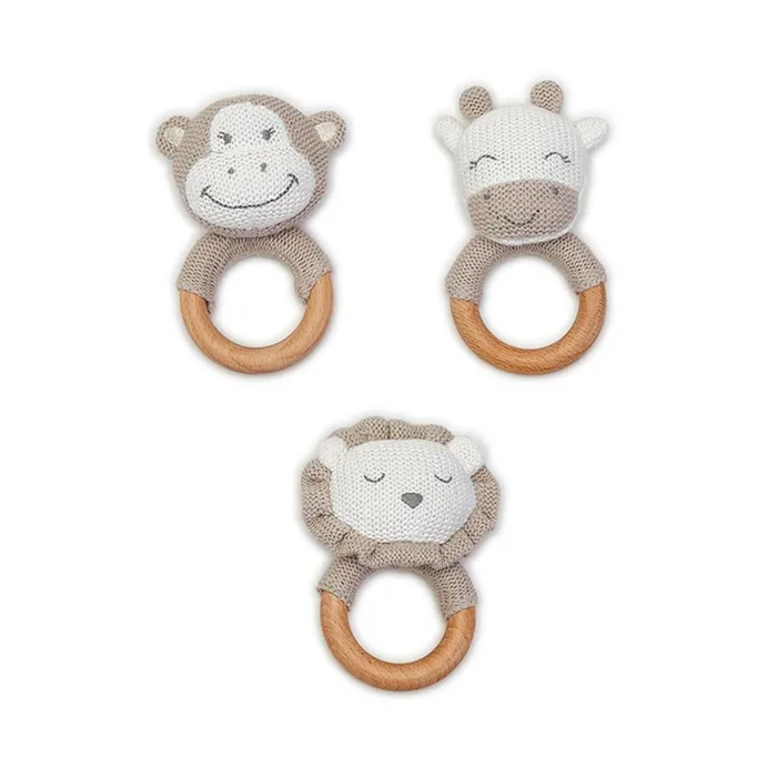 Twos Company Knitted Rattle with Natural Wood Grip Ring Asst 3 Designs Monkey Giraffe Lion Rings