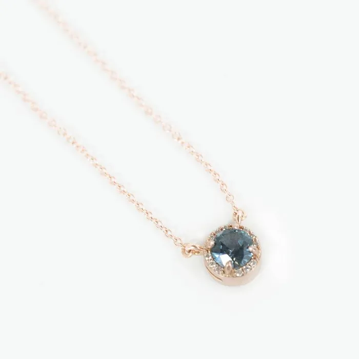 052ct Montana Sapphire and diamond halo necklace in 14k rose gold Anueva Jewelry Necklaces