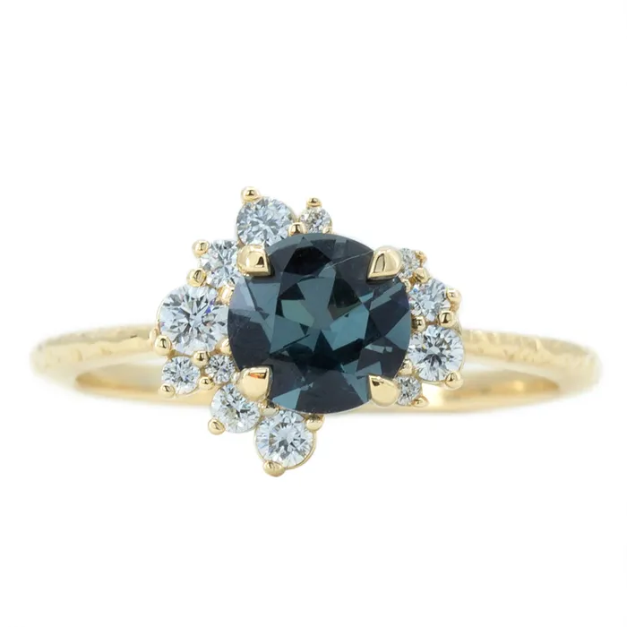 094ct Dark Grey and Teal Blue Spinel Asymmetrical Diamond Cluster Ring in 14k Yellow Gold Anueva Jewelry Rings 094ct Dark Grey and Teal Blue Spinel Asymmetrical Diamond Cluster Ring in 14k Yellow Gold Anueva Jewelry Rings