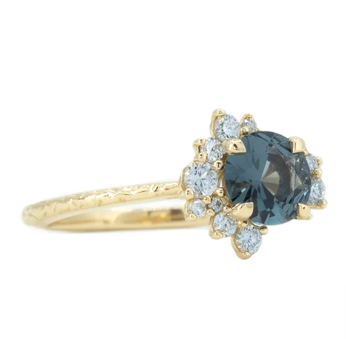 094ct Dark Grey and Teal Blue Spinel Asymmetrical Diamond Cluster Ring in 14k Yellow Gold Anueva Jewelry Rings