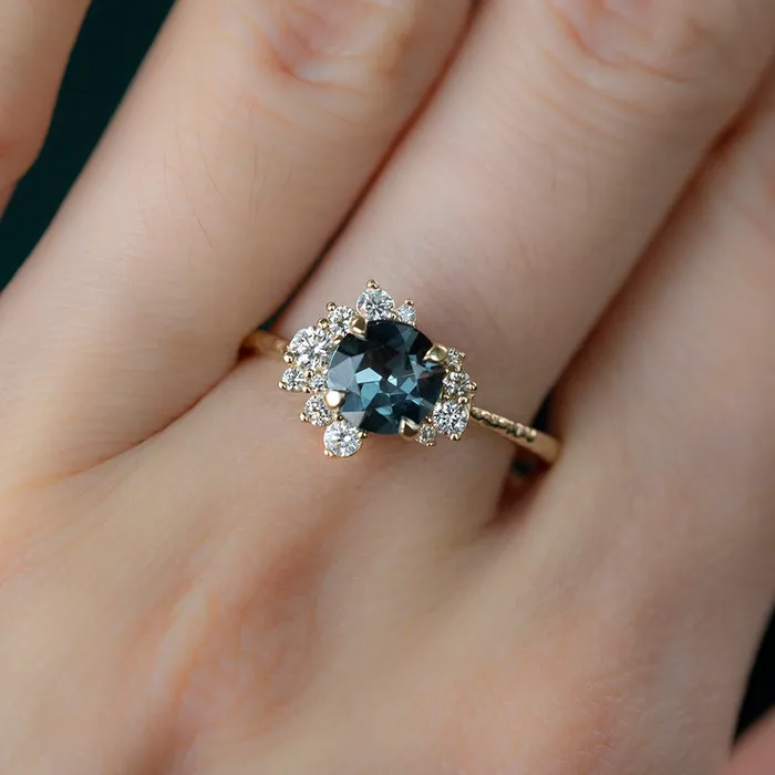 094ct Dark Grey and Teal Blue Spinel Asymmetrical Diamond Cluster Ring in 14k Yellow Gold Anueva Jewelry Rings