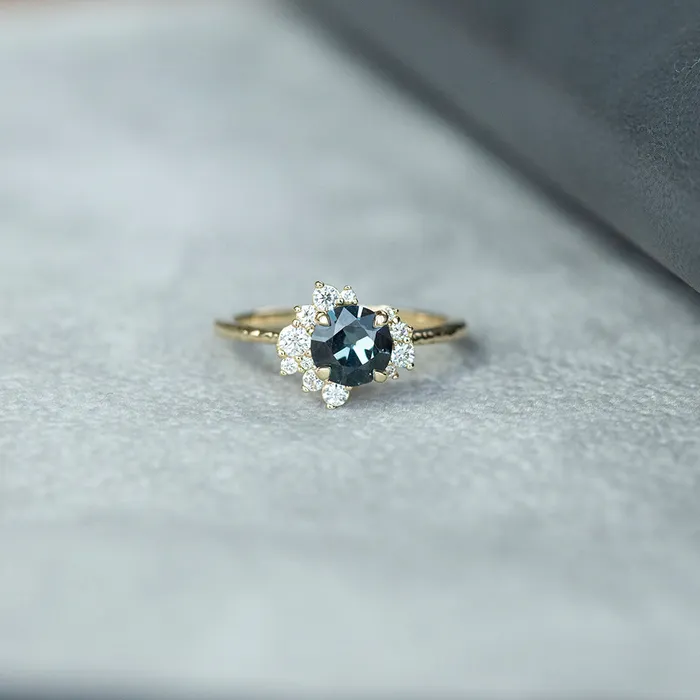 094ct Dark Grey and Teal Blue Spinel Asymmetrical Diamond Cluster Ring in 14k Yellow Gold Anueva Jewelry Rings