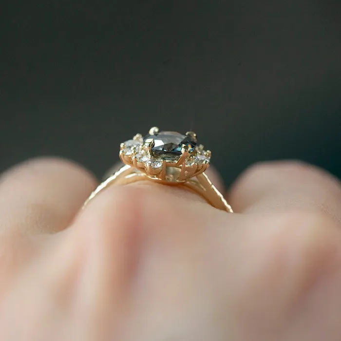 094ct Dark Grey and Teal Blue Spinel Asymmetrical Diamond Cluster Ring in 14k Yellow Gold Anueva Jewelry Rings