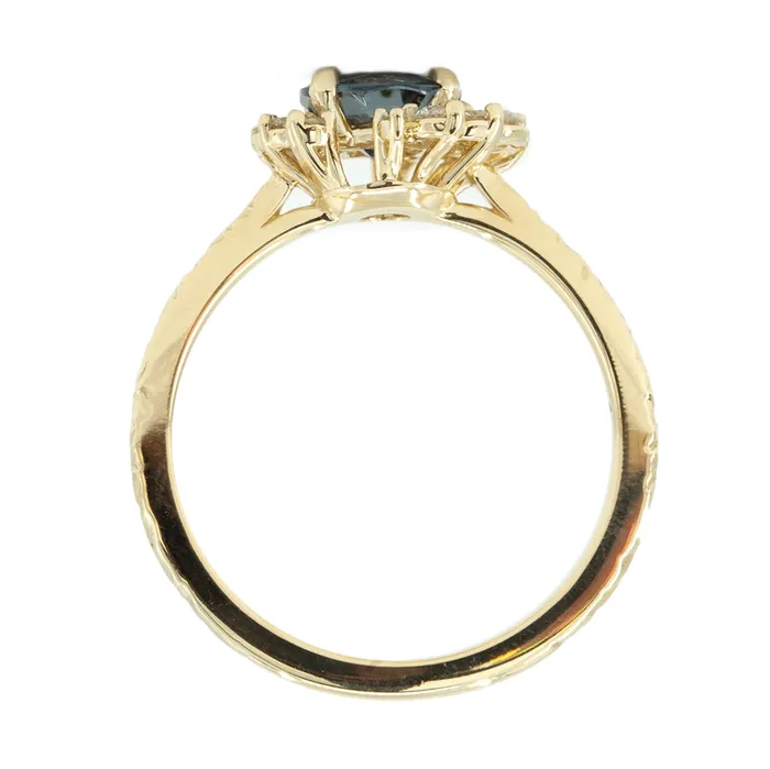 094ct Dark Grey and Teal Blue Spinel Asymmetrical Diamond Cluster Ring in 14k Yellow Gold Anueva Jewelry Rings