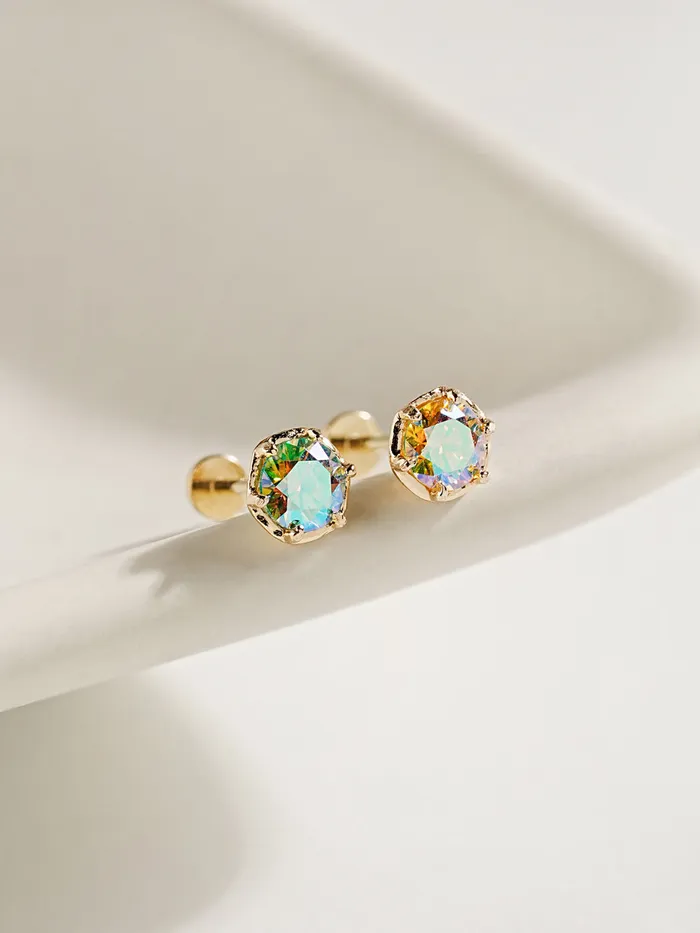 14K Gold Moissanite Aurora Internally Threaded Labret Piercing 18G16G MinimalBijoux PreStyled Sets