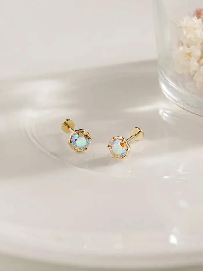 14K Gold Moissanite Aurora Internally Threaded Labret Piercing 18G16G MinimalBijoux PreStyled Sets