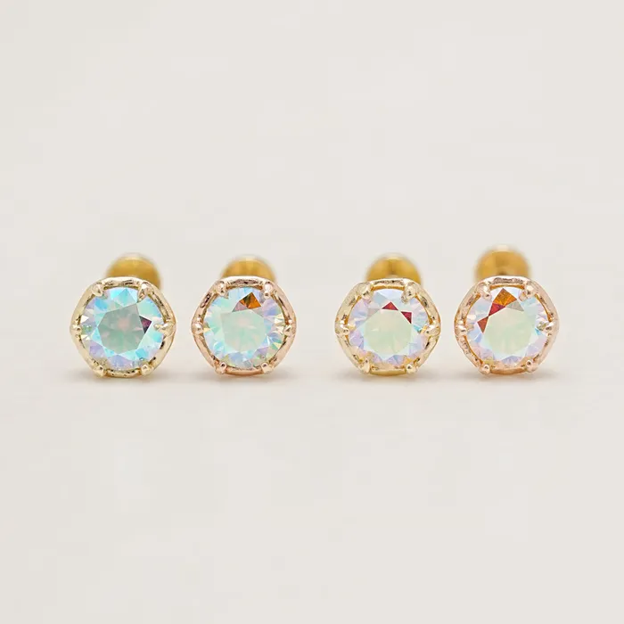 14K Gold Moissanite Aurora Internally Threaded Labret Piercing 18G16G MinimalBijoux PreStyled Sets