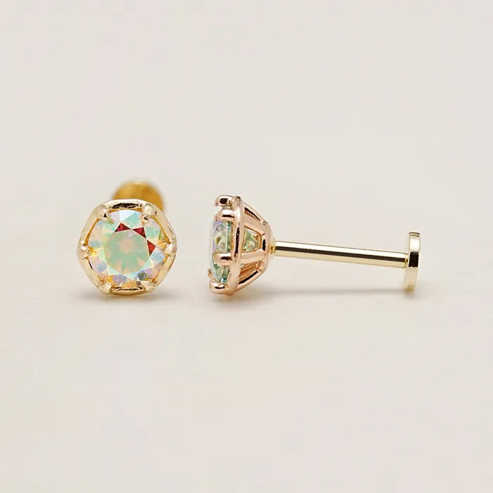 14K Gold Moissanite Aurora Internally Threaded Labret Piercing 18G16G MinimalBijoux PreStyled Sets