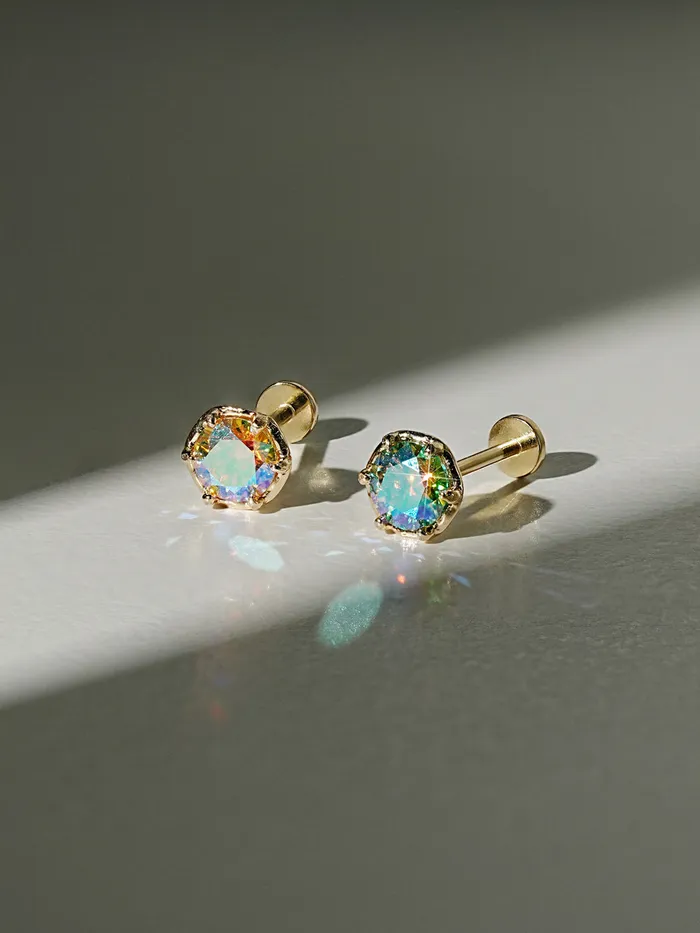14K Gold Moissanite Aurora Internally Threaded Labret Piercing 18G16G MinimalBijoux PreStyled Sets