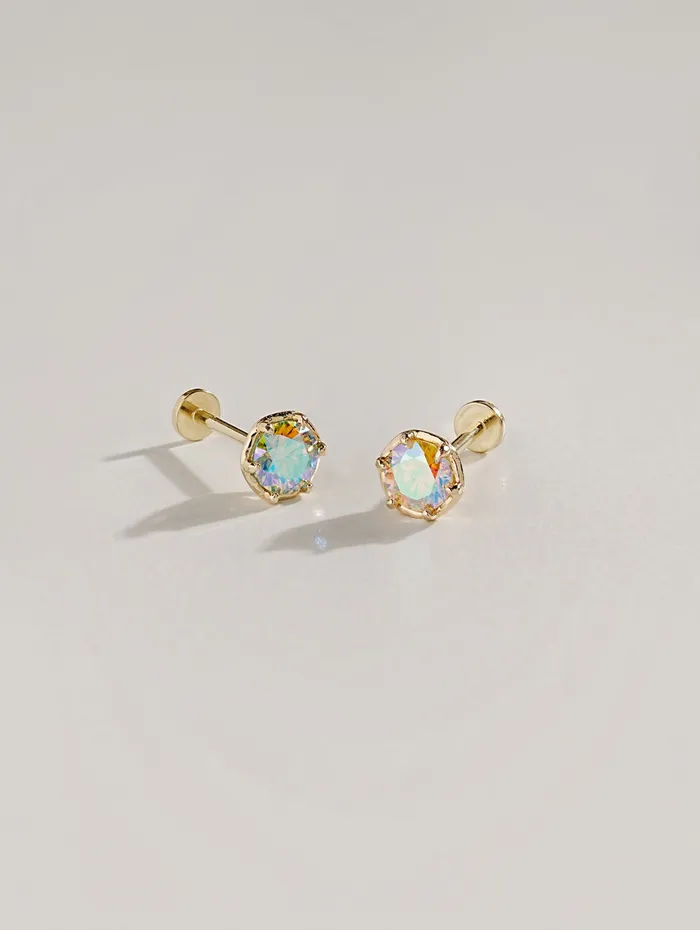 14K Gold Moissanite Aurora Internally Threaded Labret Piercing 18G16G MinimalBijoux PreStyled Sets
