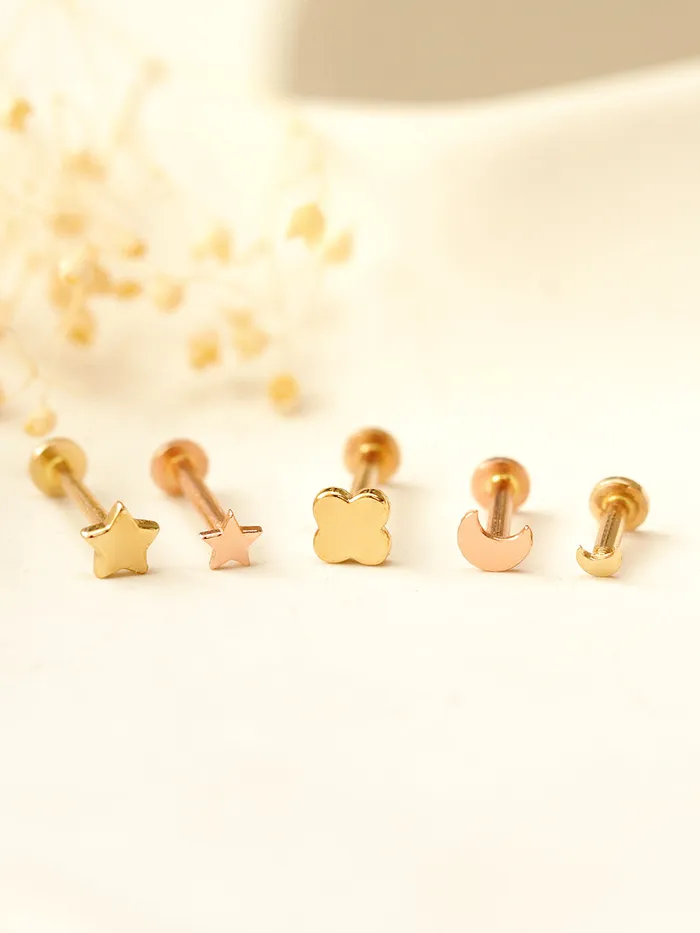 14K Gold MoonStarClover Internally Threaded Labret Piercing 18G16G MinimalBijoux Earrings