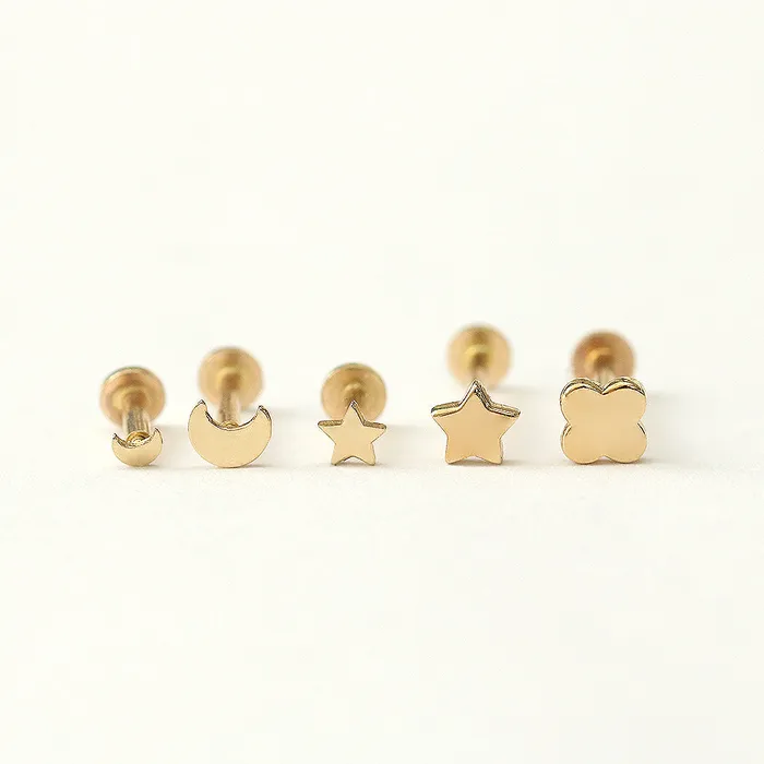 14K Gold MoonStarClover Internally Threaded Labret Piercing 18G16G MinimalBijoux Earrings