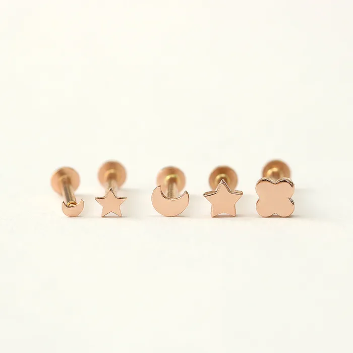 14K Gold MoonStarClover Internally Threaded Labret Piercing 18G16G MinimalBijoux Earrings