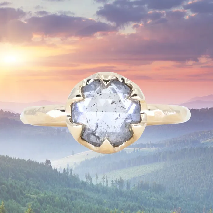 203ct Rosecut Salt and Pepper Diamond 6Prong Low Profile Ring with Evergreen Carved Band in 14K Yellow Gold Anueva Jewelry Rings 203ct Rosecut Salt and Pepper Diamond 6Prong Low Profile Ring with Evergreen Carved Band in 14K Yellow Gold Anueva Jewelry Rings