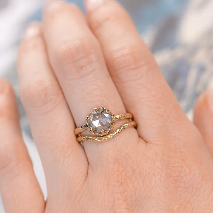 203ct Rosecut Salt and Pepper Diamond 6Prong Low Profile Ring with Evergreen Carved Band in 14K Yellow Gold Anueva Jewelry Rings