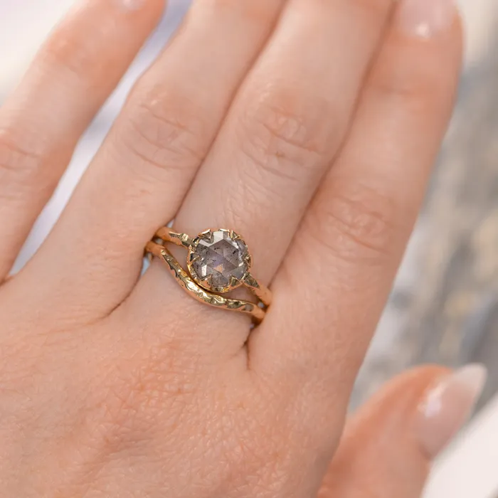 203ct Rosecut Salt and Pepper Diamond 6Prong Low Profile Ring with Evergreen Carved Band in 14K Yellow Gold Anueva Jewelry Rings