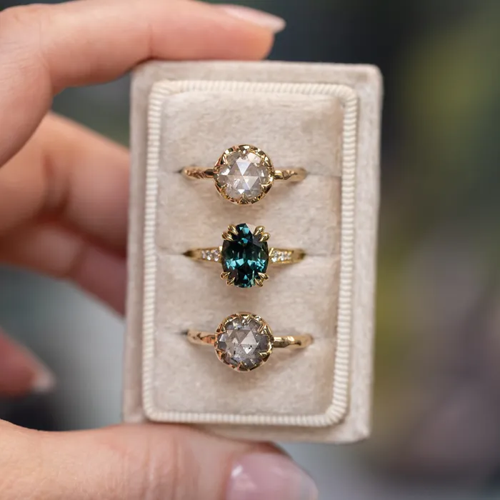 203ct Rosecut Salt and Pepper Diamond 6Prong Low Profile Ring with Evergreen Carved Band in 14K Yellow Gold Anueva Jewelry Rings