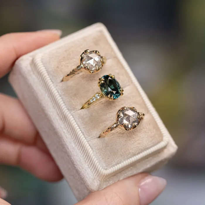203ct Rosecut Salt and Pepper Diamond 6Prong Low Profile Ring with Evergreen Carved Band in 14K Yellow Gold Anueva Jewelry Rings