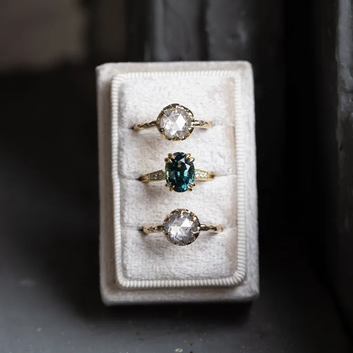 203ct Rosecut Salt and Pepper Diamond 6Prong Low Profile Ring with Evergreen Carved Band in 14K Yellow Gold Anueva Jewelry Rings