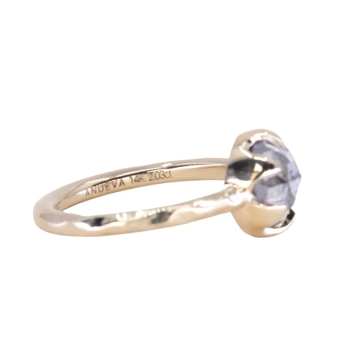 203ct Rosecut Salt and Pepper Diamond 6Prong Low Profile Ring with Evergreen Carved Band in 14K Yellow Gold Anueva Jewelry Rings