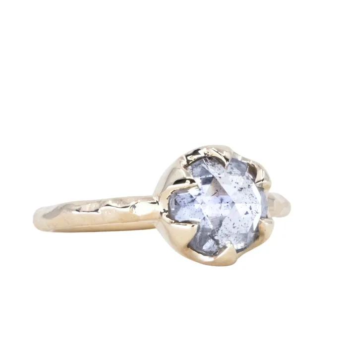 203ct Rosecut Salt and Pepper Diamond 6Prong Low Profile Ring with Evergreen Carved Band in 14K Yellow Gold Anueva Jewelry Rings