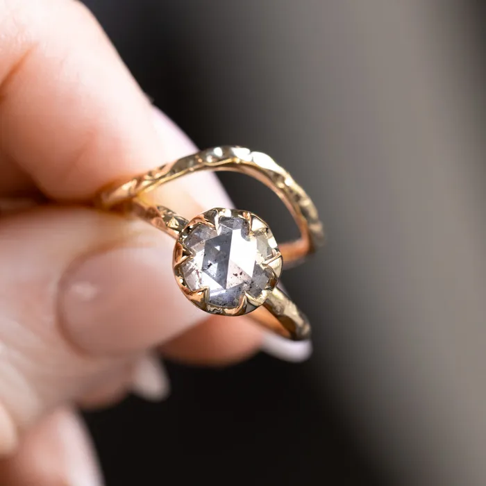 203ct Rosecut Salt and Pepper Diamond 6Prong Low Profile Ring with Evergreen Carved Band in 14K Yellow Gold Anueva Jewelry Rings