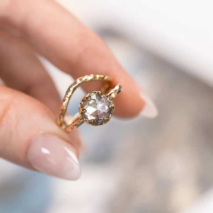 203ct Rosecut Salt and Pepper Diamond 6Prong Low Profile Ring with Evergreen Carved Band in 14K Yellow Gold Anueva Jewelry Rings