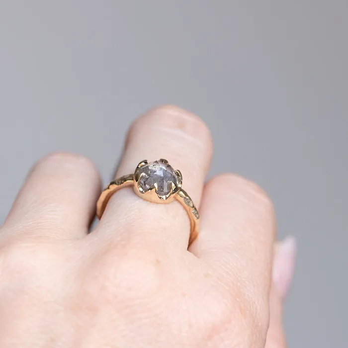203ct Rosecut Salt and Pepper Diamond 6Prong Low Profile Ring with Evergreen Carved Band in 14K Yellow Gold Anueva Jewelry Rings