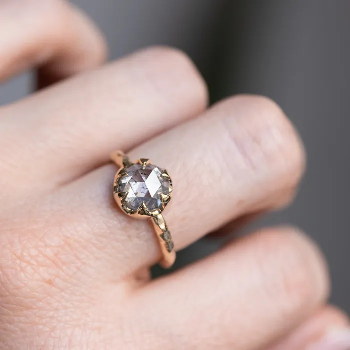 203ct Rosecut Salt and Pepper Diamond 6Prong Low Profile Ring with Evergreen Carved Band in 14K Yellow Gold Anueva Jewelry Rings
