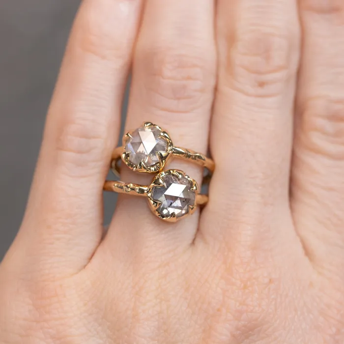 203ct Rosecut Salt and Pepper Diamond 6Prong Low Profile Ring with Evergreen Carved Band in 14K Yellow Gold Anueva Jewelry Rings
