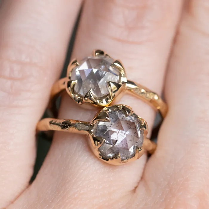 203ct Rosecut Salt and Pepper Diamond 6Prong Low Profile Ring with Evergreen Carved Band in 14K Yellow Gold Anueva Jewelry Rings