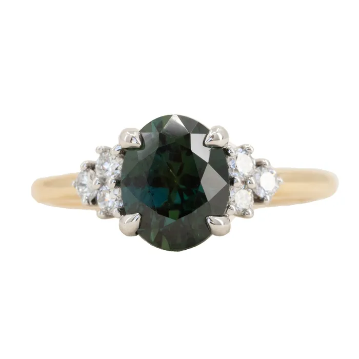 220ct Oval Australian Deep Teal Sapphire Two Tone Diamond Cluster Ring in 14k White and Yellow Gold Anueva Jewelry Rings 220ct Oval Australian Deep Teal Sapphire Two Tone Diamond Cluster Ring in 14k White and Yellow Gold Anueva Jewelry Rings