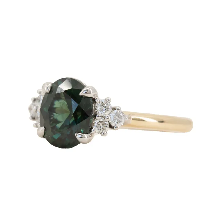 220ct Oval Australian Deep Teal Sapphire Two Tone Diamond Cluster Ring in 14k White and Yellow Gold Anueva Jewelry Rings