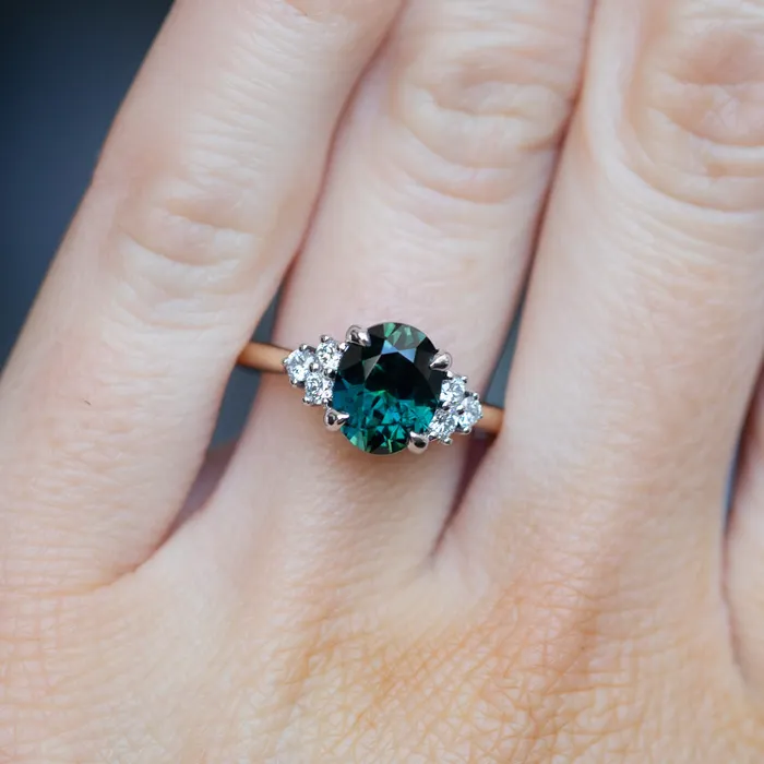 220ct Oval Australian Deep Teal Sapphire Two Tone Diamond Cluster Ring in 14k White and Yellow Gold Anueva Jewelry Rings