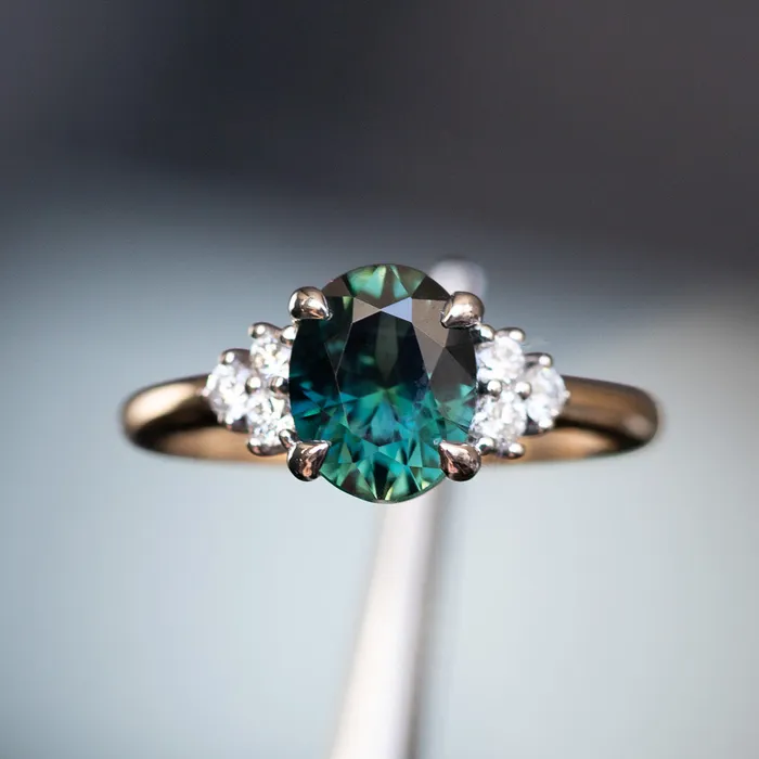 220ct Oval Australian Deep Teal Sapphire Two Tone Diamond Cluster Ring in 14k White and Yellow Gold Anueva Jewelry Rings