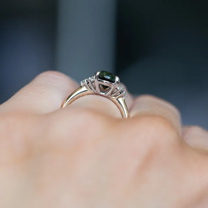 220ct Oval Australian Deep Teal Sapphire Two Tone Diamond Cluster Ring in 14k White and Yellow Gold Anueva Jewelry Rings