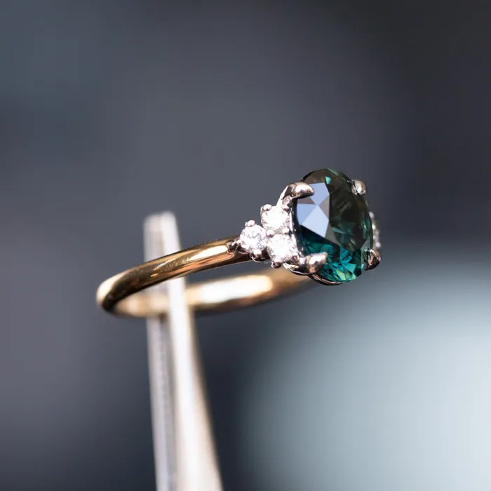 220ct Oval Australian Deep Teal Sapphire Two Tone Diamond Cluster Ring in 14k White and Yellow Gold Anueva Jewelry Rings