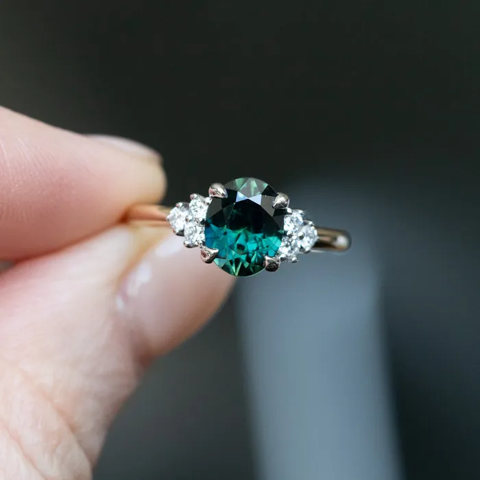 220ct Oval Australian Deep Teal Sapphire Two Tone Diamond Cluster Ring in 14k White and Yellow Gold Anueva Jewelry Rings