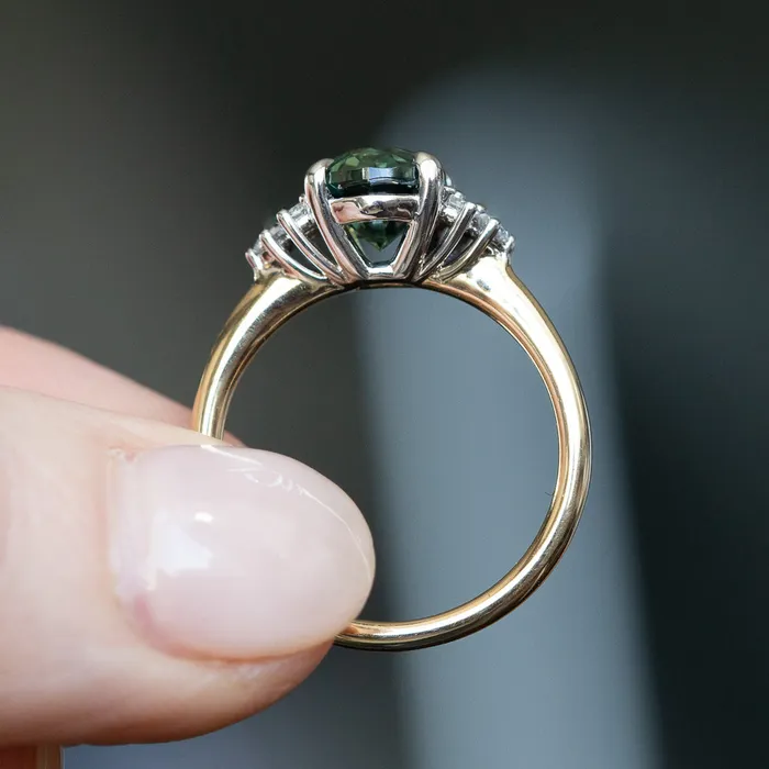 220ct Oval Australian Deep Teal Sapphire Two Tone Diamond Cluster Ring in 14k White and Yellow Gold Anueva Jewelry Rings