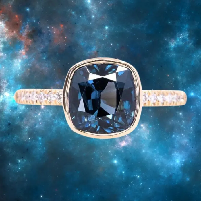 315ct Cushion Cut Spinel Low Profile Bezel Solitaire Ring with French Set Diamonds in 14k Yellow Gold Anueva Jewelry Rings 315ct Cushion Cut Spinel Low Profile Bezel Solitaire Ring with French Set Diamonds in 14k Yellow Gold Anueva Jewelry Rings