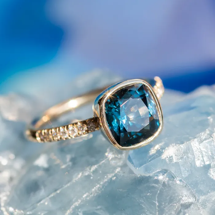 315ct Cushion Cut Spinel Low Profile Bezel Solitaire Ring with French Set Diamonds in 14k Yellow Gold Anueva Jewelry Rings