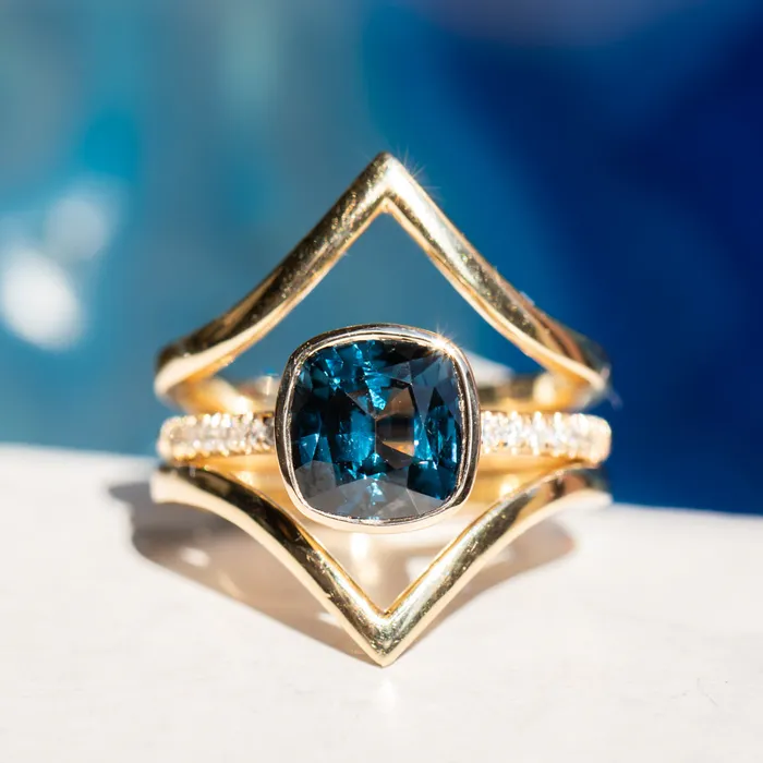315ct Cushion Cut Spinel Low Profile Bezel Solitaire Ring with French Set Diamonds in 14k Yellow Gold Anueva Jewelry Rings