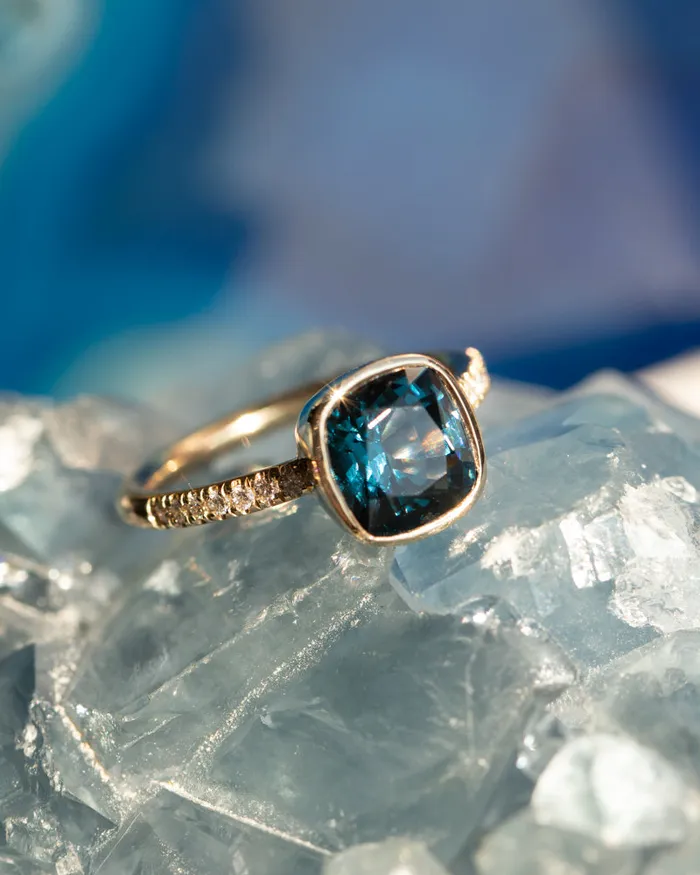 315ct Cushion Cut Spinel Low Profile Bezel Solitaire Ring with French Set Diamonds in 14k Yellow Gold Anueva Jewelry Rings