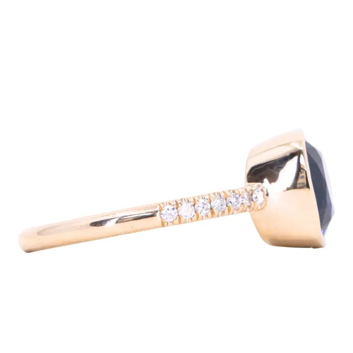 315ct Cushion Cut Spinel Low Profile Bezel Solitaire Ring with French Set Diamonds in 14k Yellow Gold Anueva Jewelry Rings