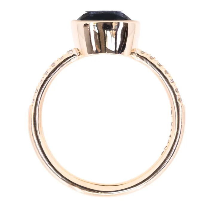 315ct Cushion Cut Spinel Low Profile Bezel Solitaire Ring with French Set Diamonds in 14k Yellow Gold Anueva Jewelry Rings