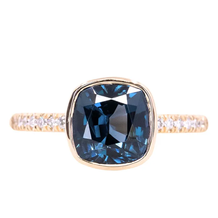 315ct Cushion Cut Spinel Low Profile Bezel Solitaire Ring with French Set Diamonds in 14k Yellow Gold Anueva Jewelry Rings